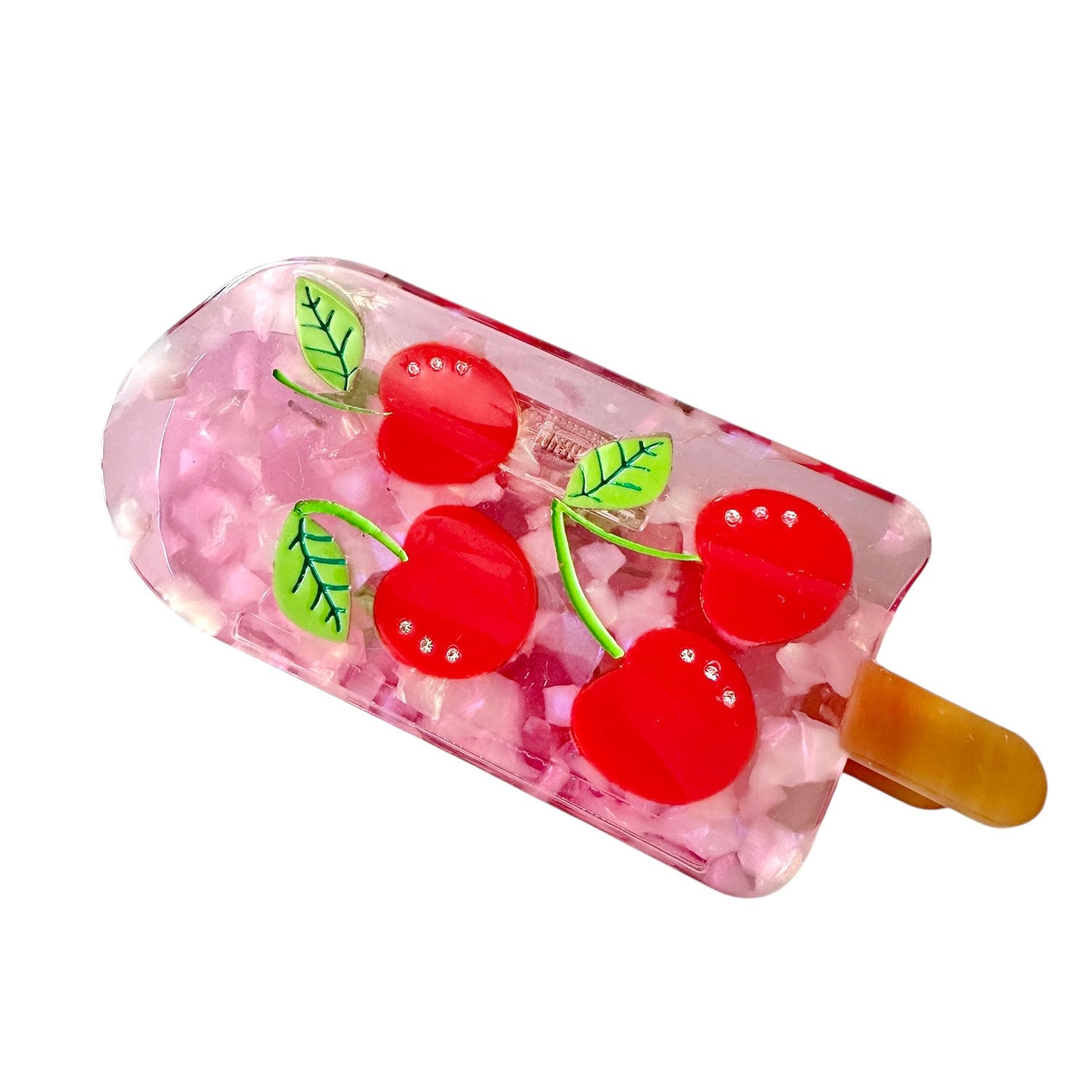 Keep it cool with our Cherry popsicle hair claw, with red cherries with crystals and pink translucent cellulose acetate