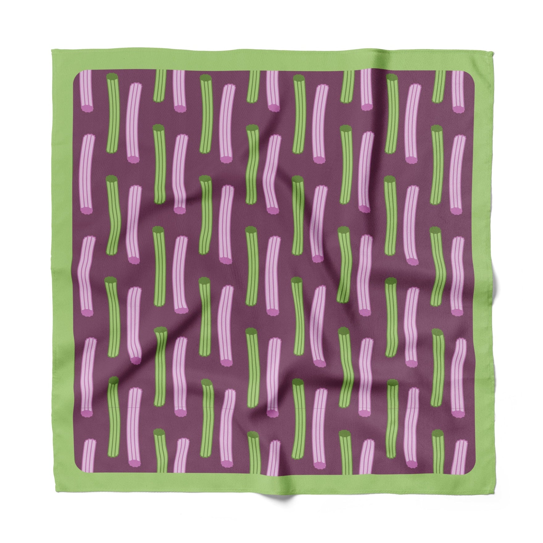 Churros Inspired cotton silk blend bandana twill woven on purple and green on a white background