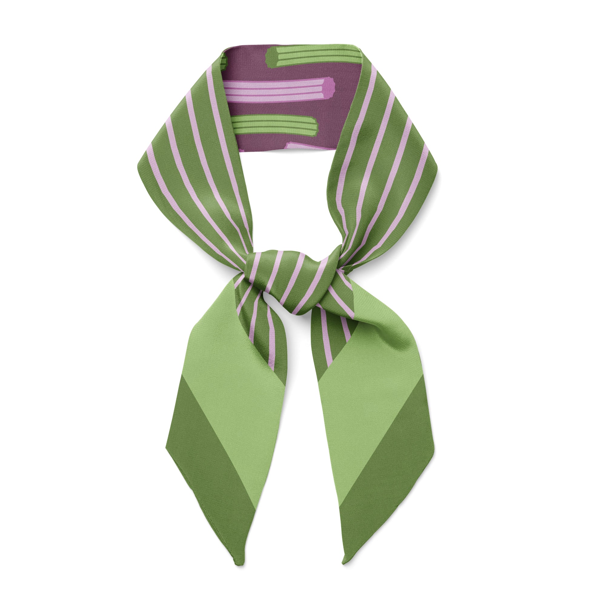 Twilly silk scarf with purple and green pattern churros inspired pattern on a white background