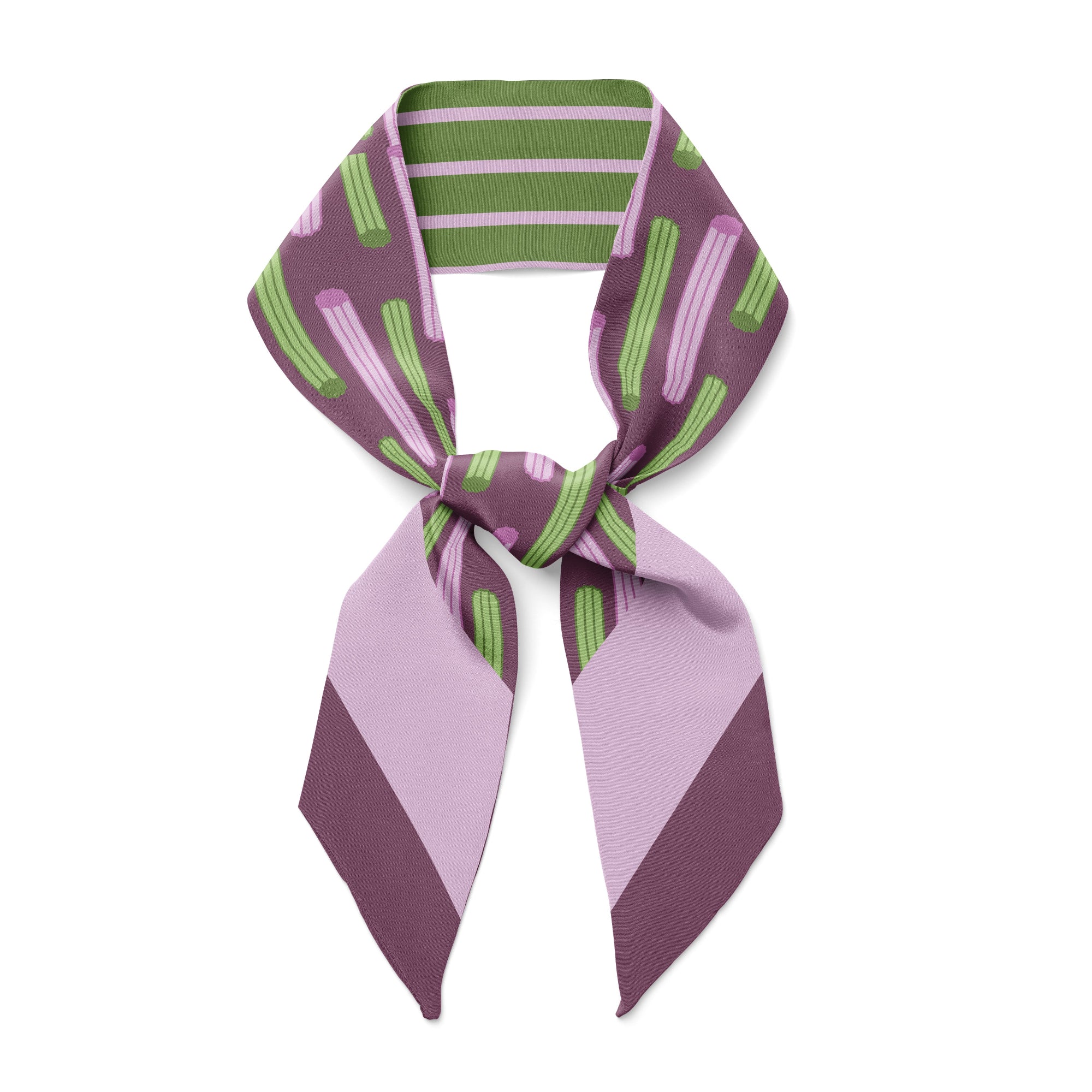Twilly silk scarf with purple and green pattern churros inspired pattern on a white background
