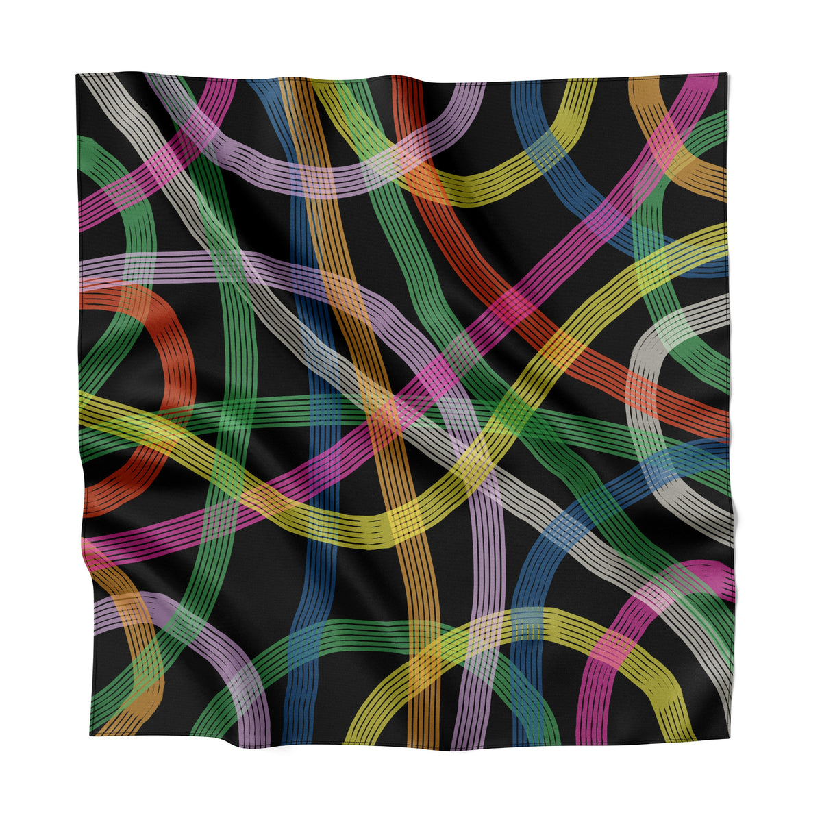 A square silk scarf featuring a vibrant multicolor abstract pattern of intersecting curved lines on a black background, shown against a plain white backdrop.
