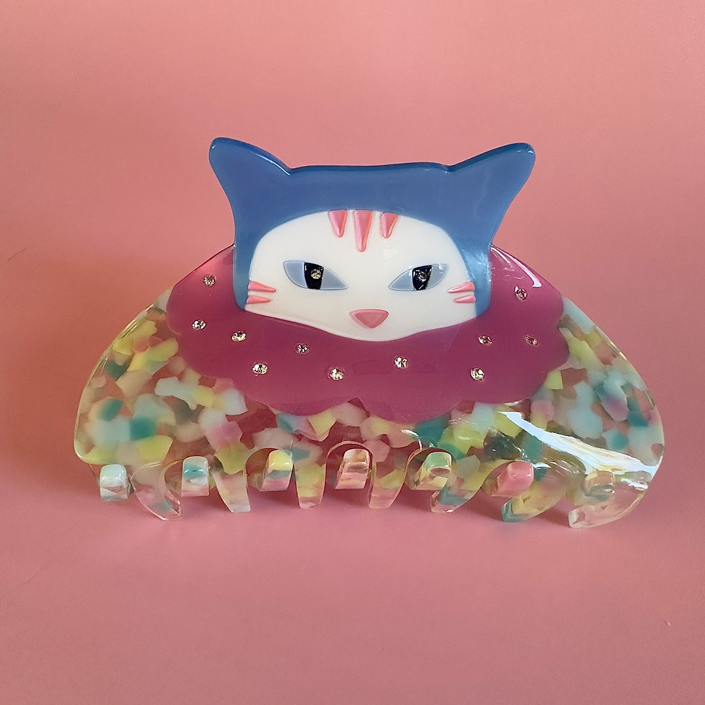 Confetti cat clown hair claw with pink and blue acetate