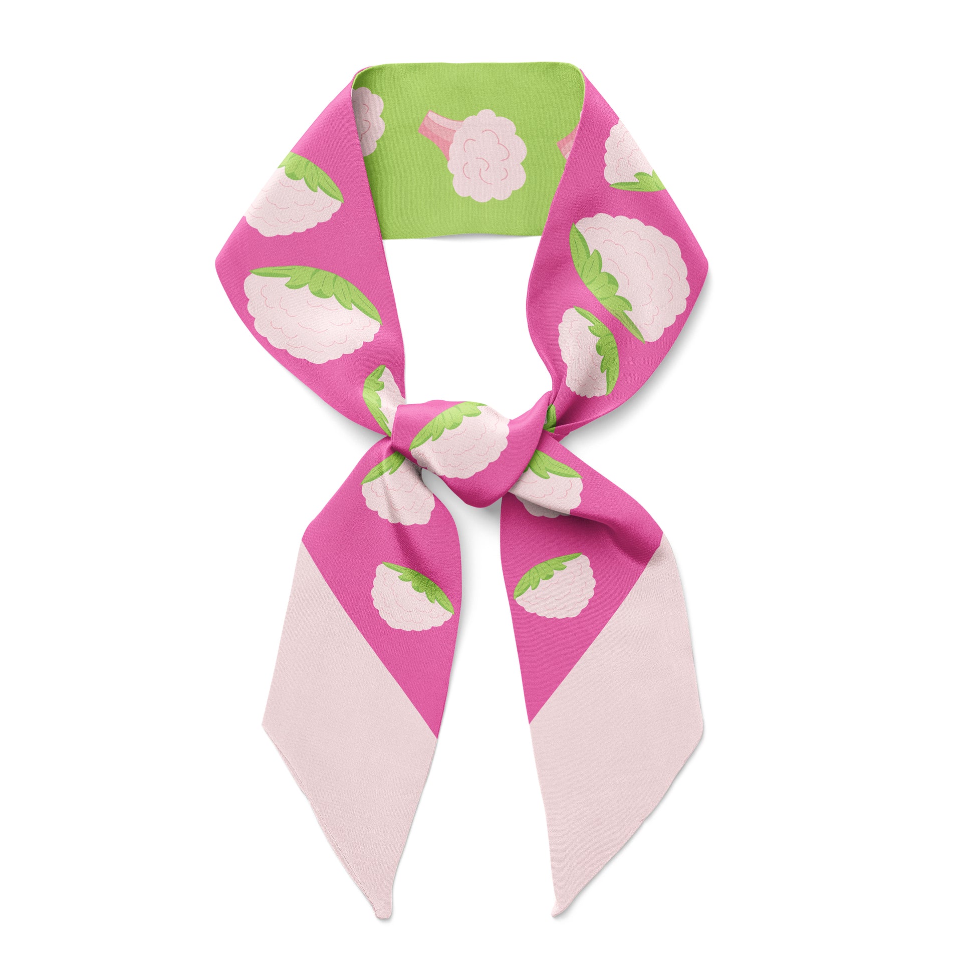 A green and hot pink twilly bow ribbon silk scarf with cauliflower.
