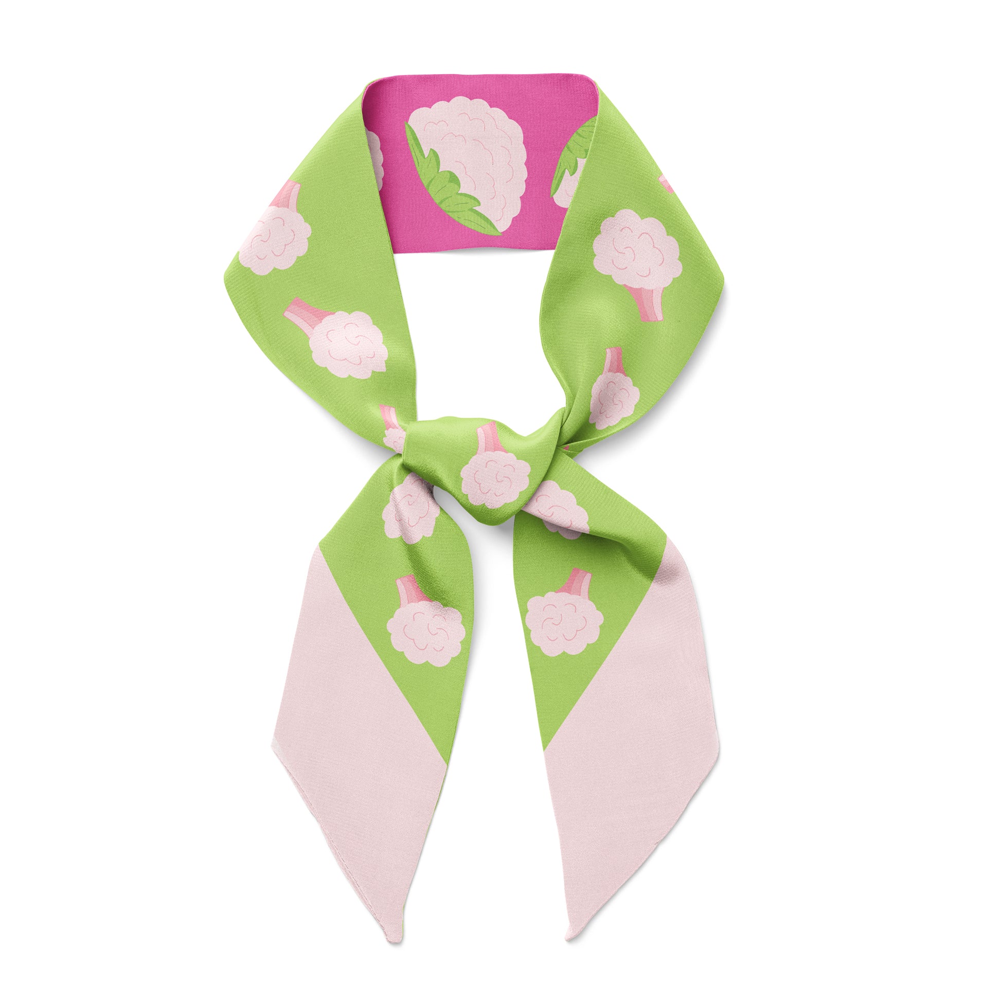 A green and hot pink twilly bow ribbon silk scarf with cauliflower.