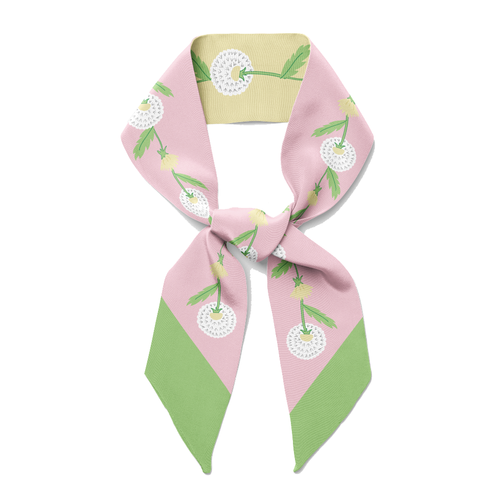 A pink and green twilly bow ribbon silk scarf with dandelion print.