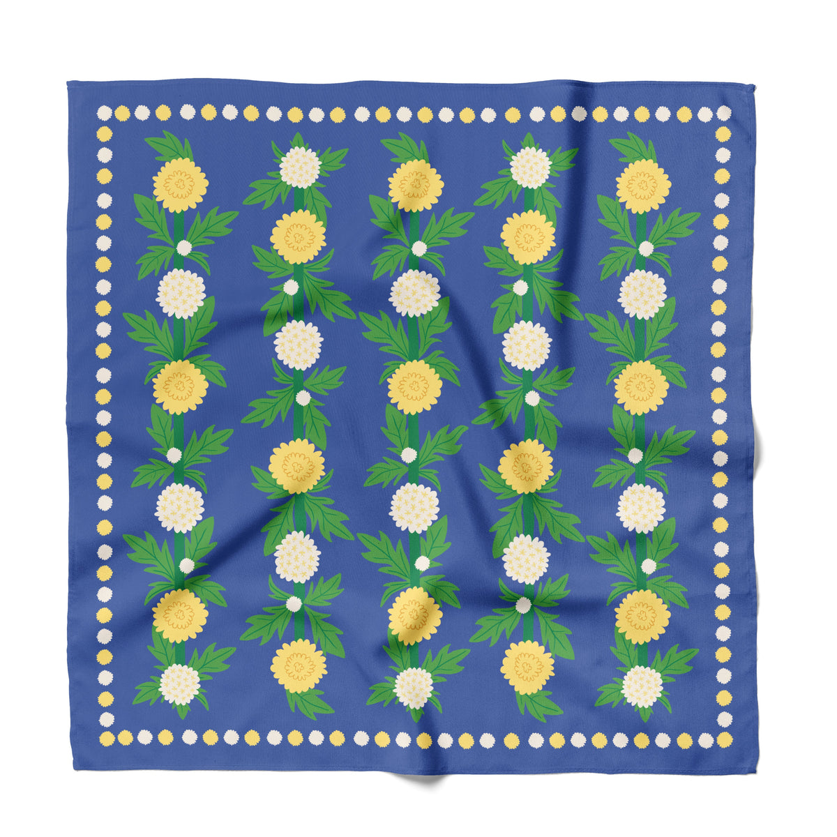 A square blue bandana cotton scarf featuring a vertical pattern of yellow and white flowers with green leaves, framed by a dotted border of yellow and white dots, shown flat against a white background.