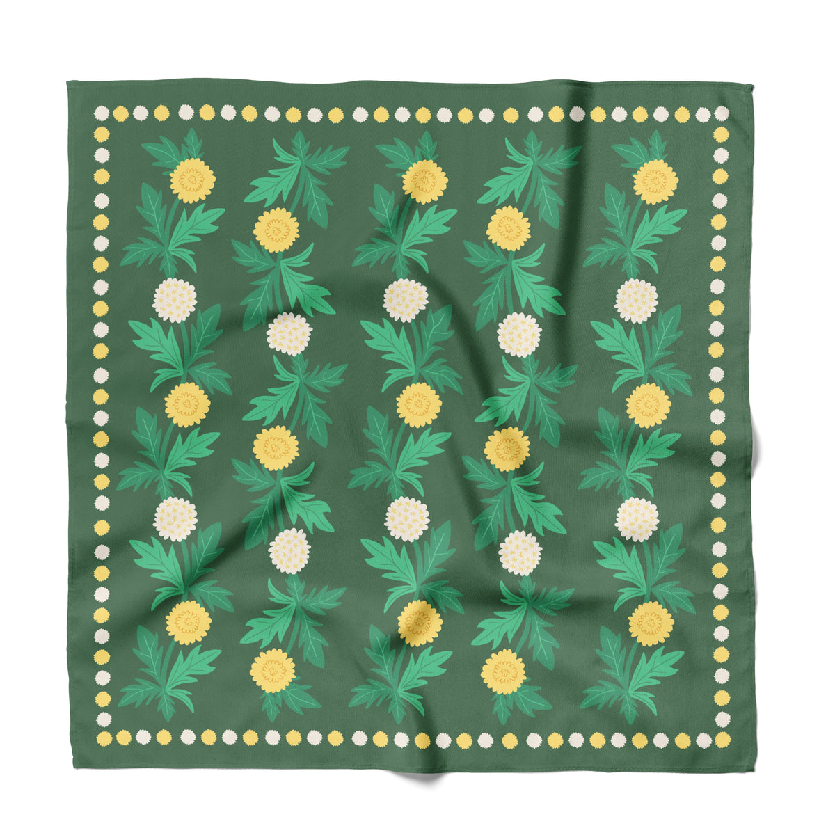 A square cotton bandana laid flat on a white background, featuring a dark green base with a repeating pattern dandelions yellow and white flowers and green leaves, framed by a dotted border.