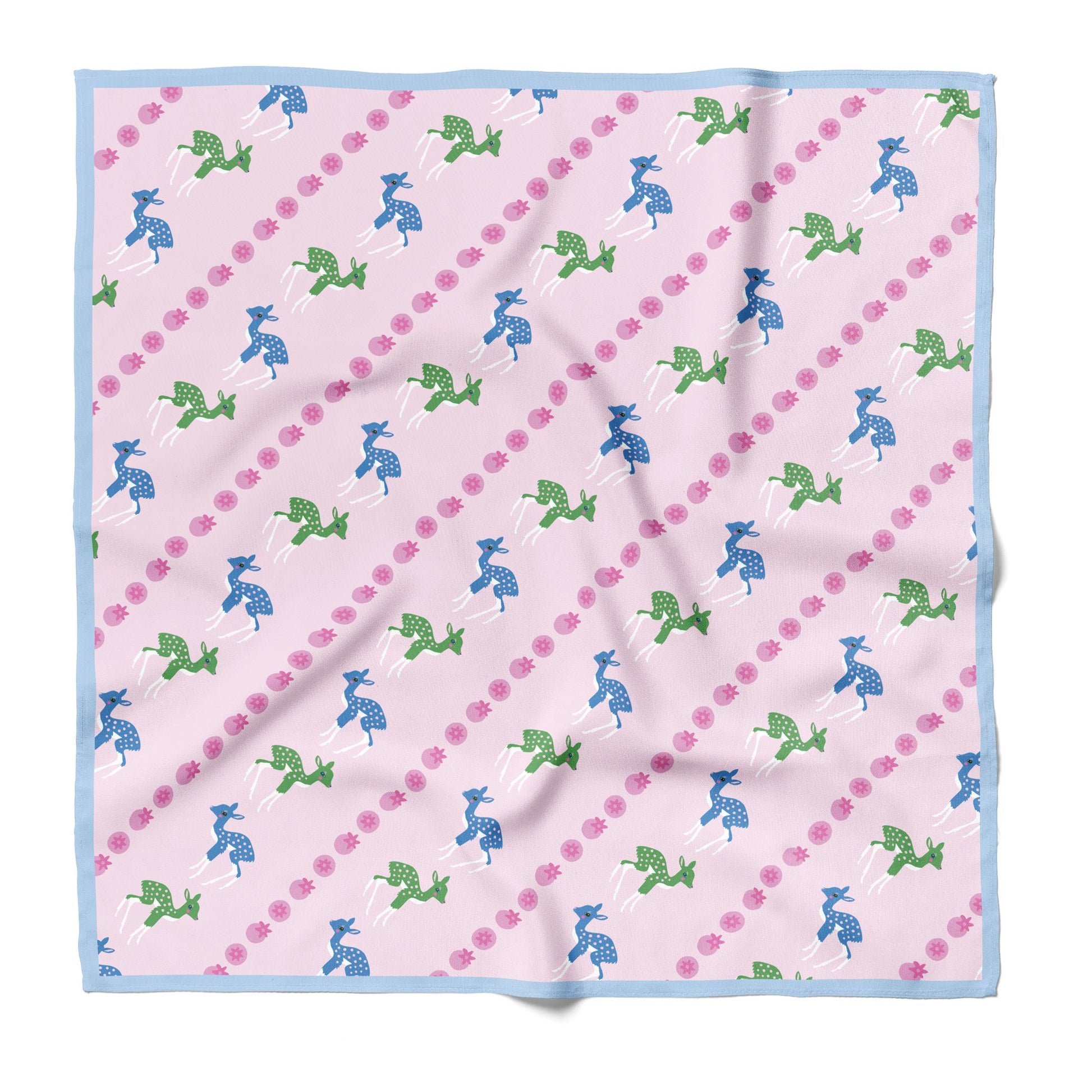 Pink cotton silk blend bandana with blue and green deer.