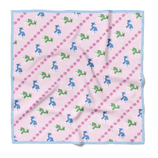 Pink silk bandana with blue and green deer.