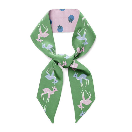 Green silk scarf with pink and blue deer and blueberries.