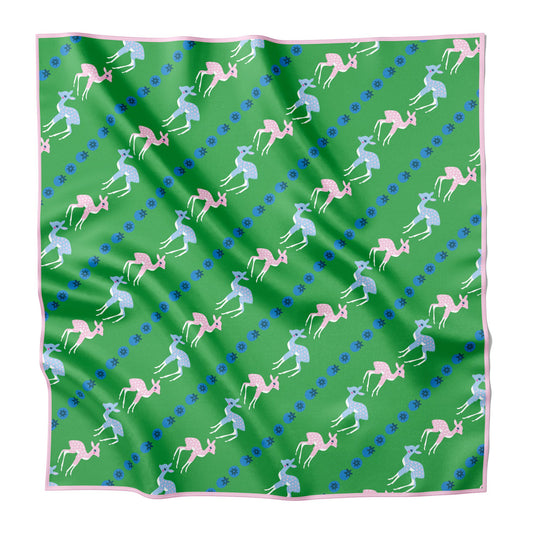 Green silk scarf with blue and pink deer.