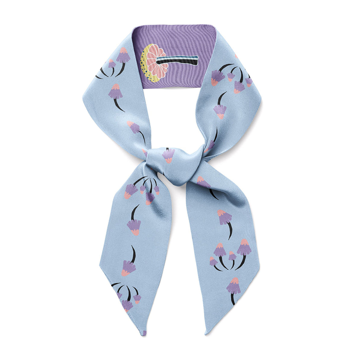 Blue silk twill scarf with purple mushrooms.