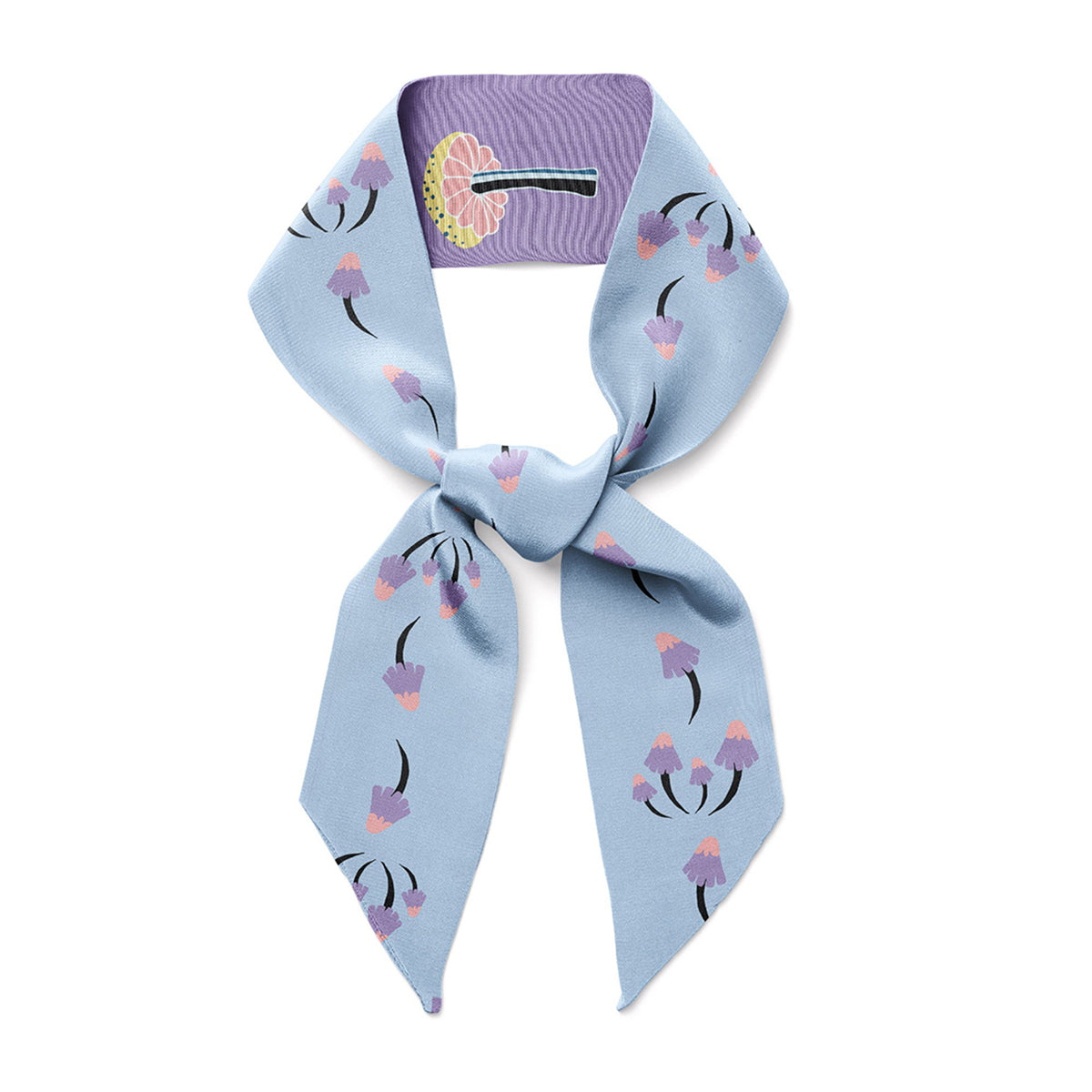 Blue twilly bow ribbon silk scarf with purple mushrooms.