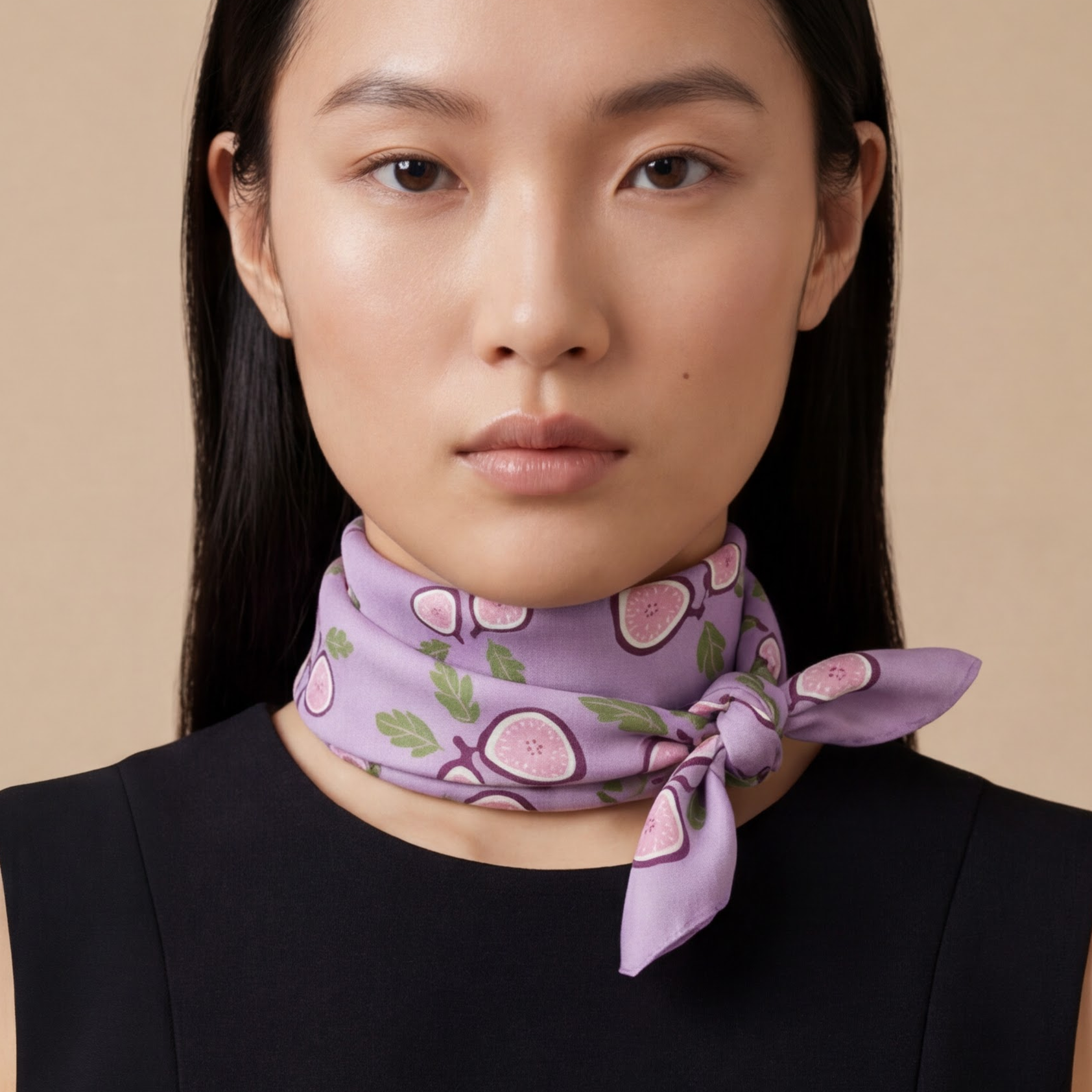 Woman wearing a purple with figs bandana cotton silk blend