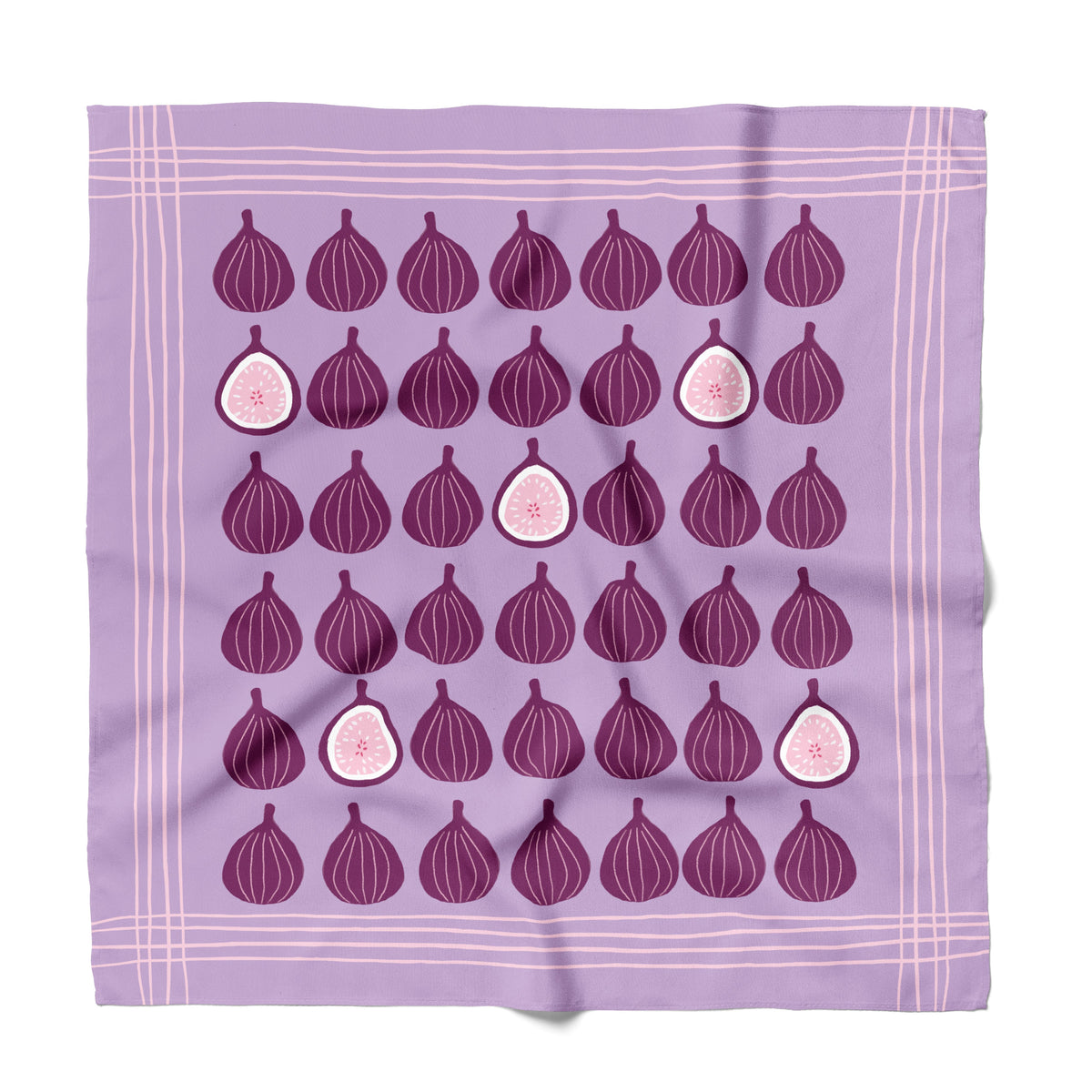 A square lavender bandana or scarf featuring a grid pattern of dark purple figs, with two cut-open figs showing pink interiors, and a thin pink plaid border, displayed flat against a white background.