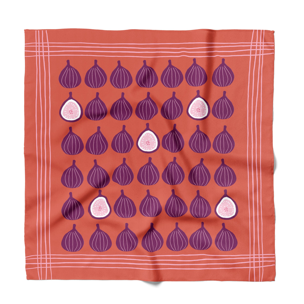A square terracotta orange bandana or scarf featuring a pattern of purple figs, with three cut-open figs showing pink interiors. The fabric has a white plaid border and is displayed flat against a white background.