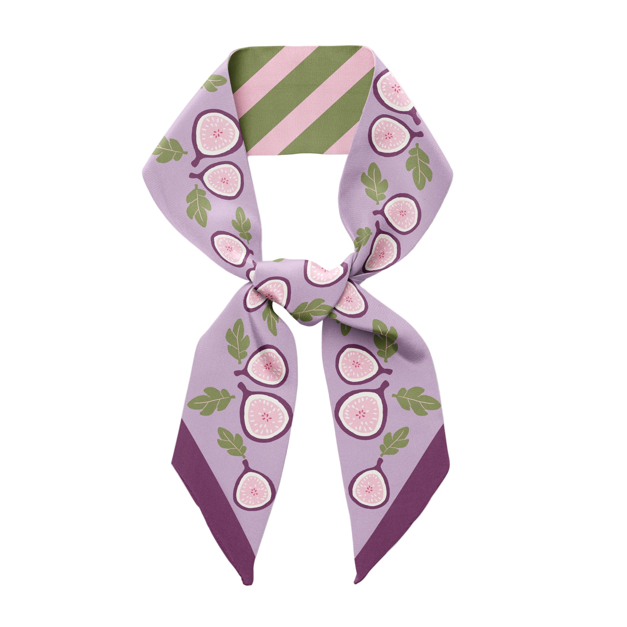 Purple scarf with pink figs pattern on a white background