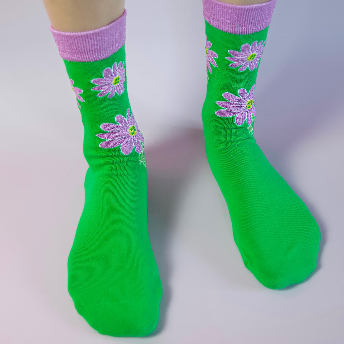 green cotton flower socks with purple flowers with sparkly metallic yarn