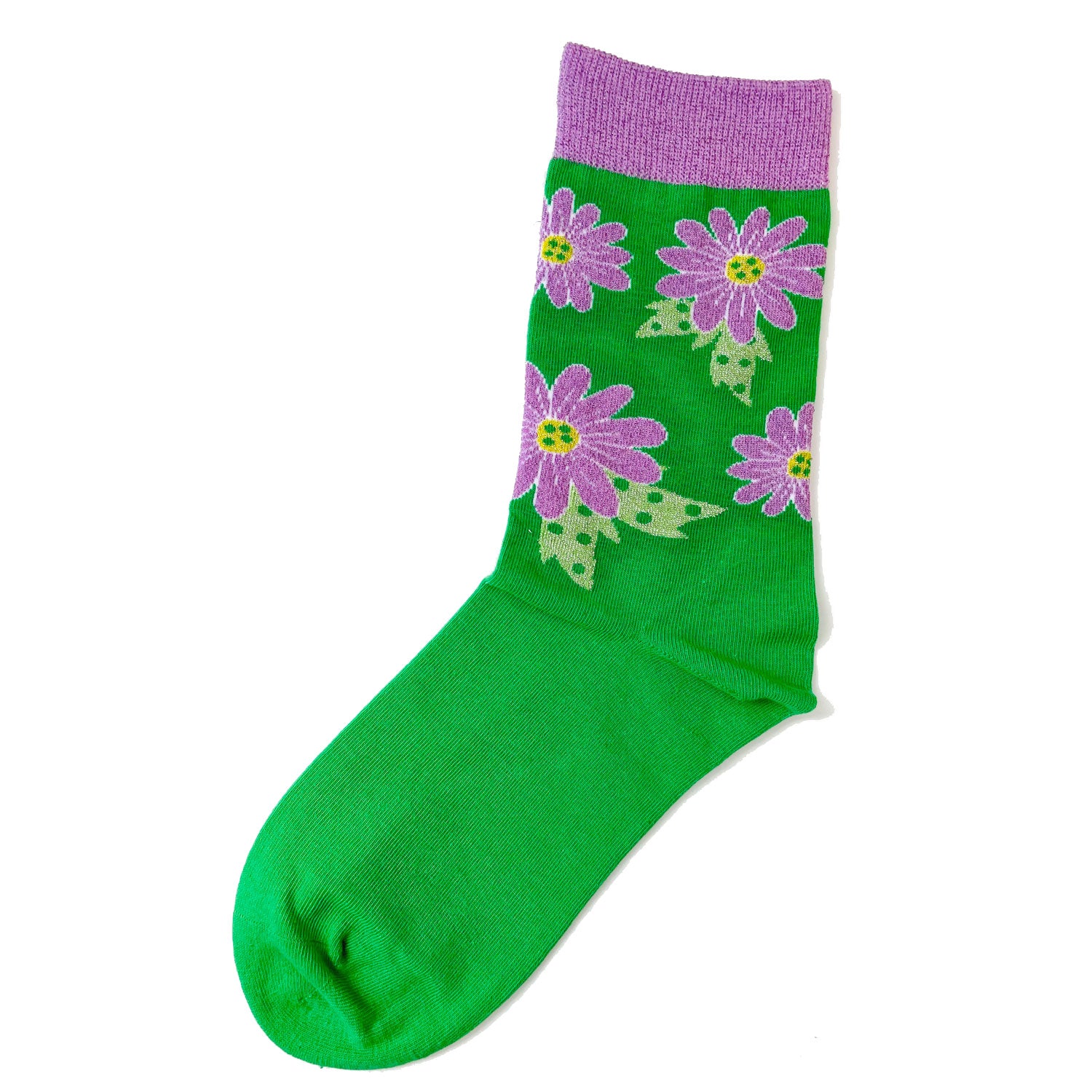 Green sock with purple flowers in cotton with mettalic yarn details
