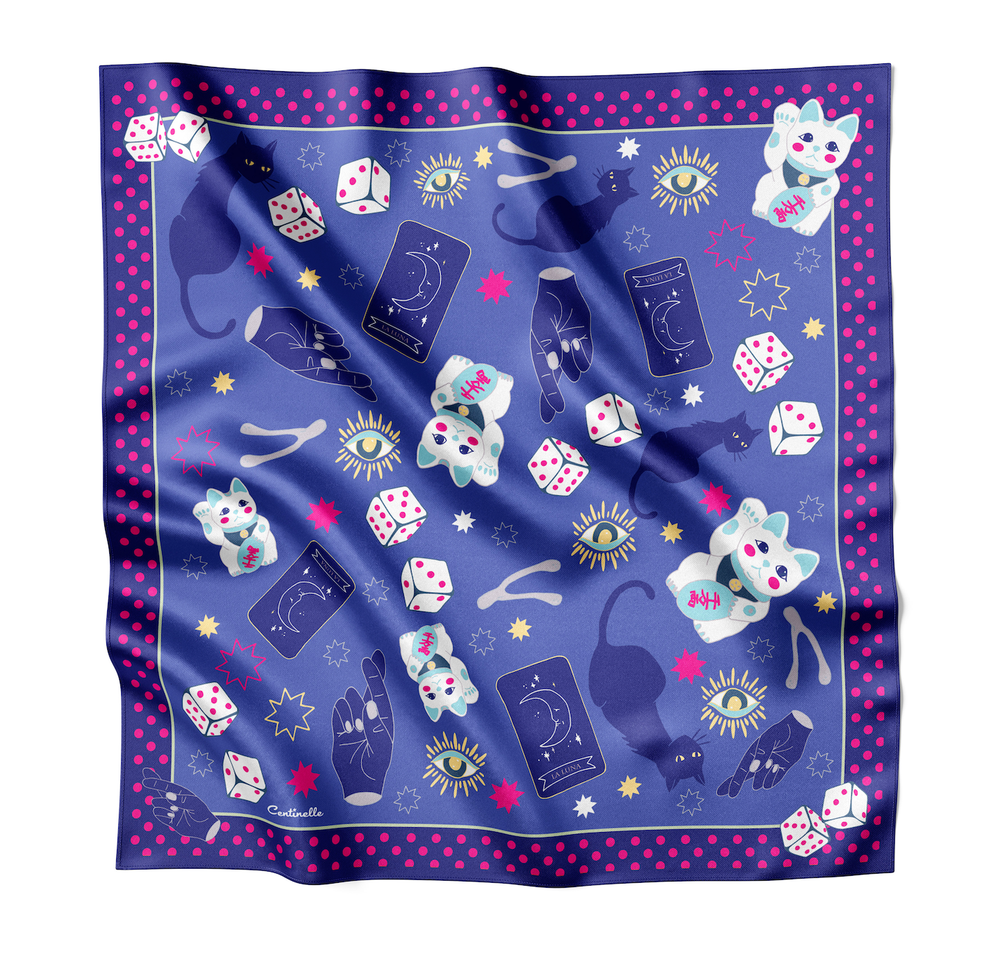 A blue silk scarf with polka dots and cats on it.