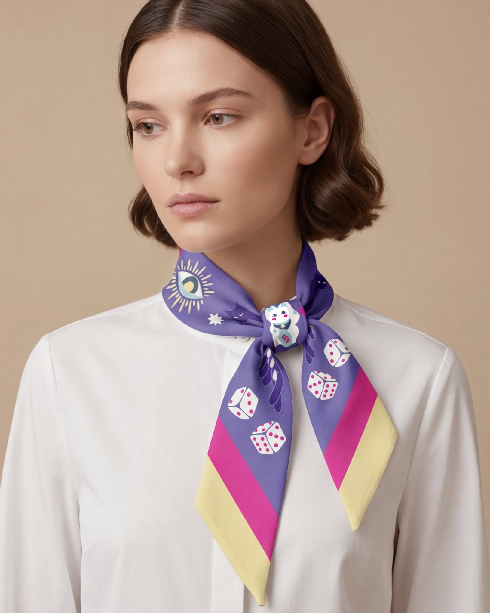 Woman wearing a colorful scarf with a pattern on a beige background