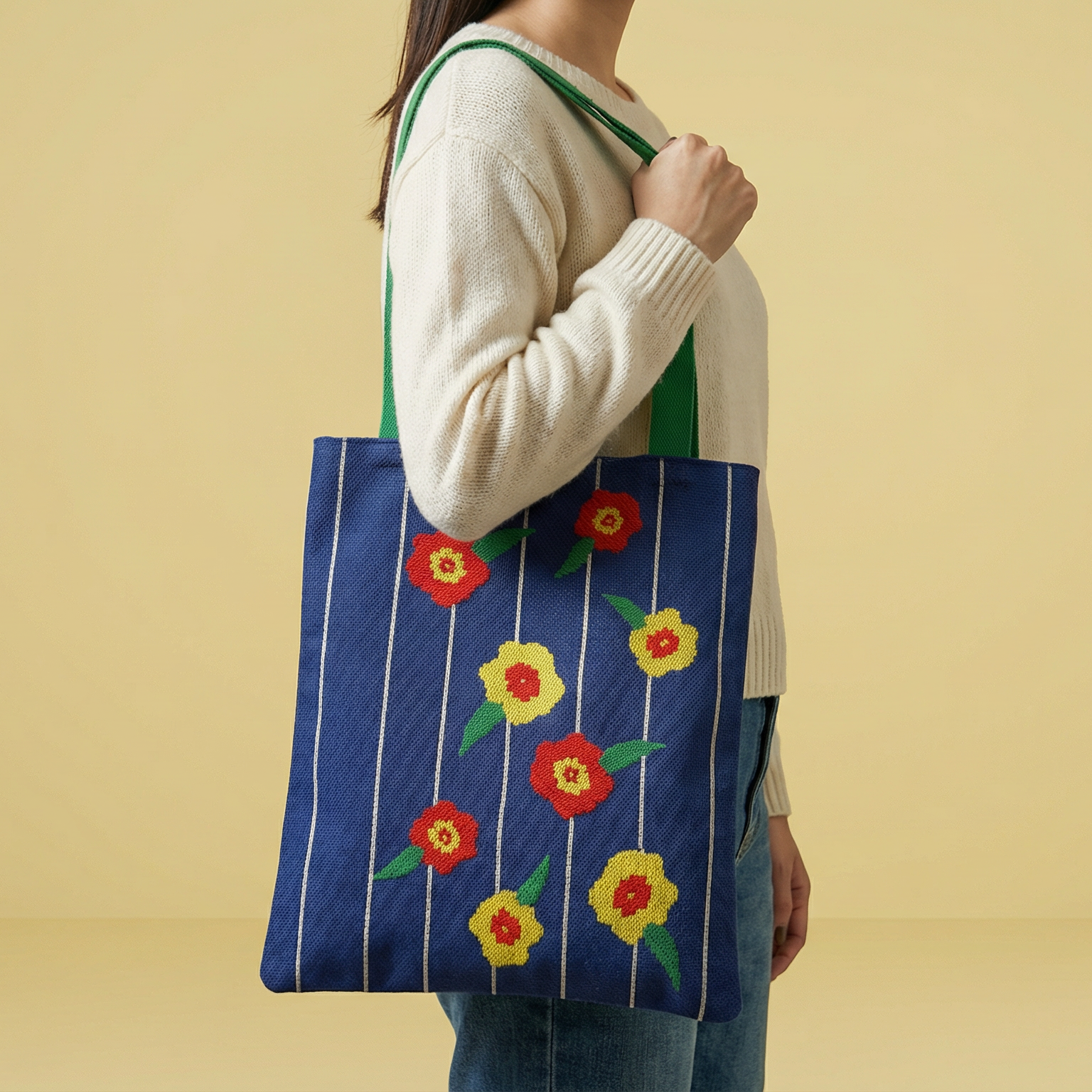Person holding a blue tote bag with floral patterns against a beige background