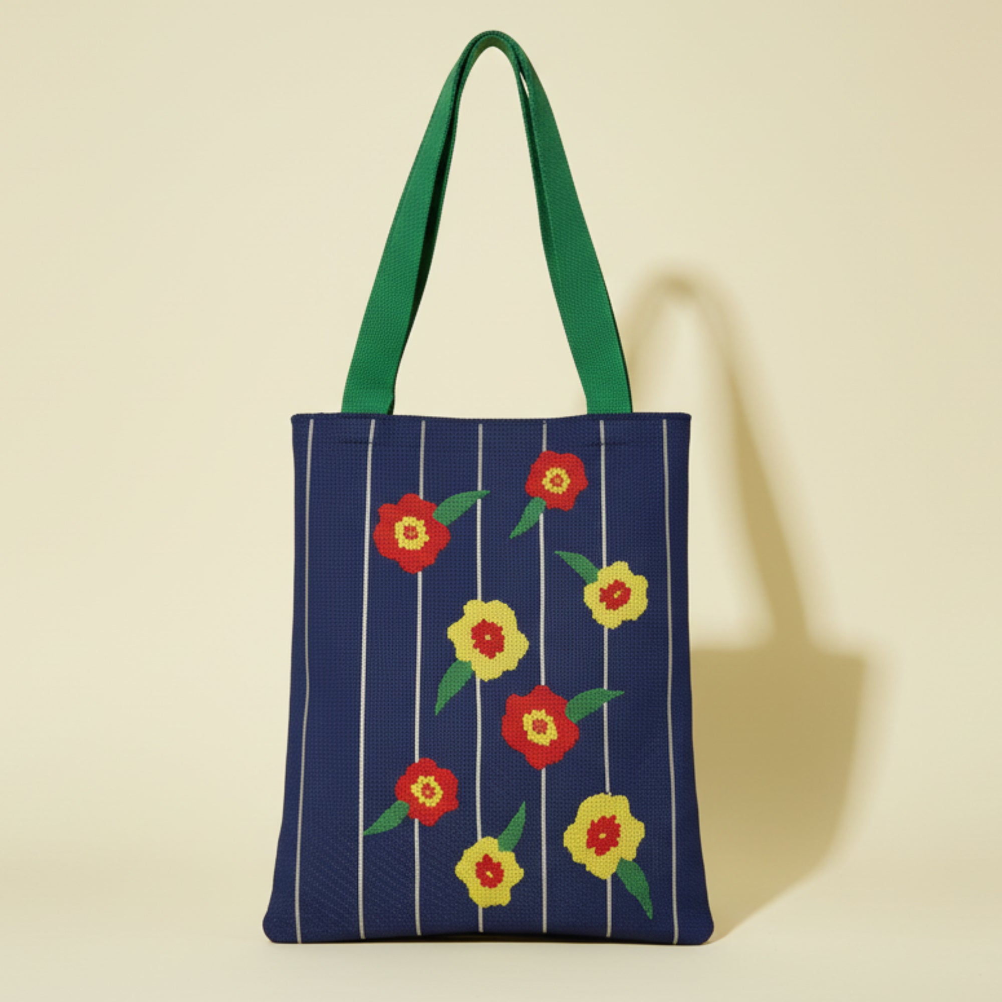 Tote bag with floral design on a blue background