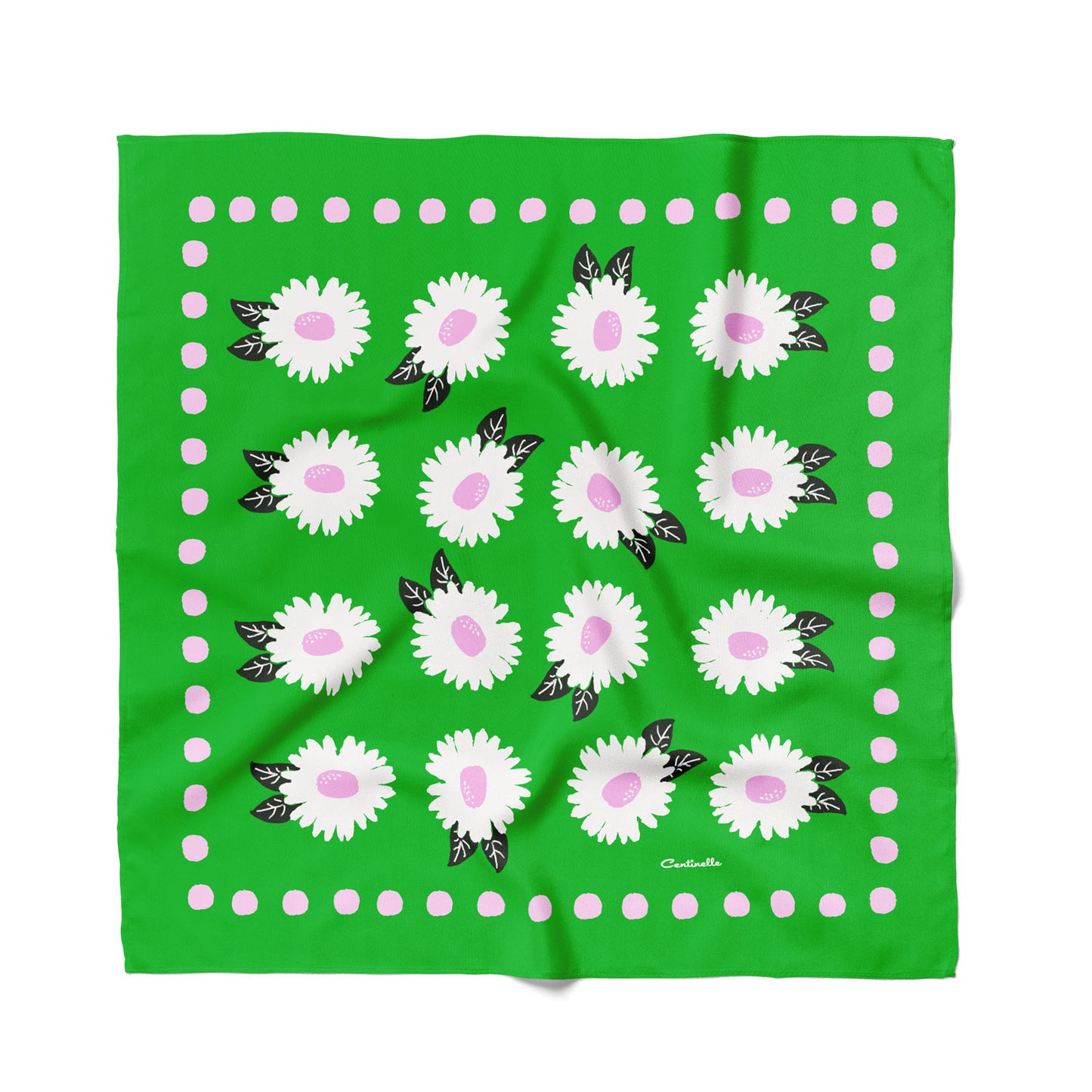 White flowers floral cotton silk bandana in green, pink and black from Centinelle, perfect for a neckerchief or headscarf 