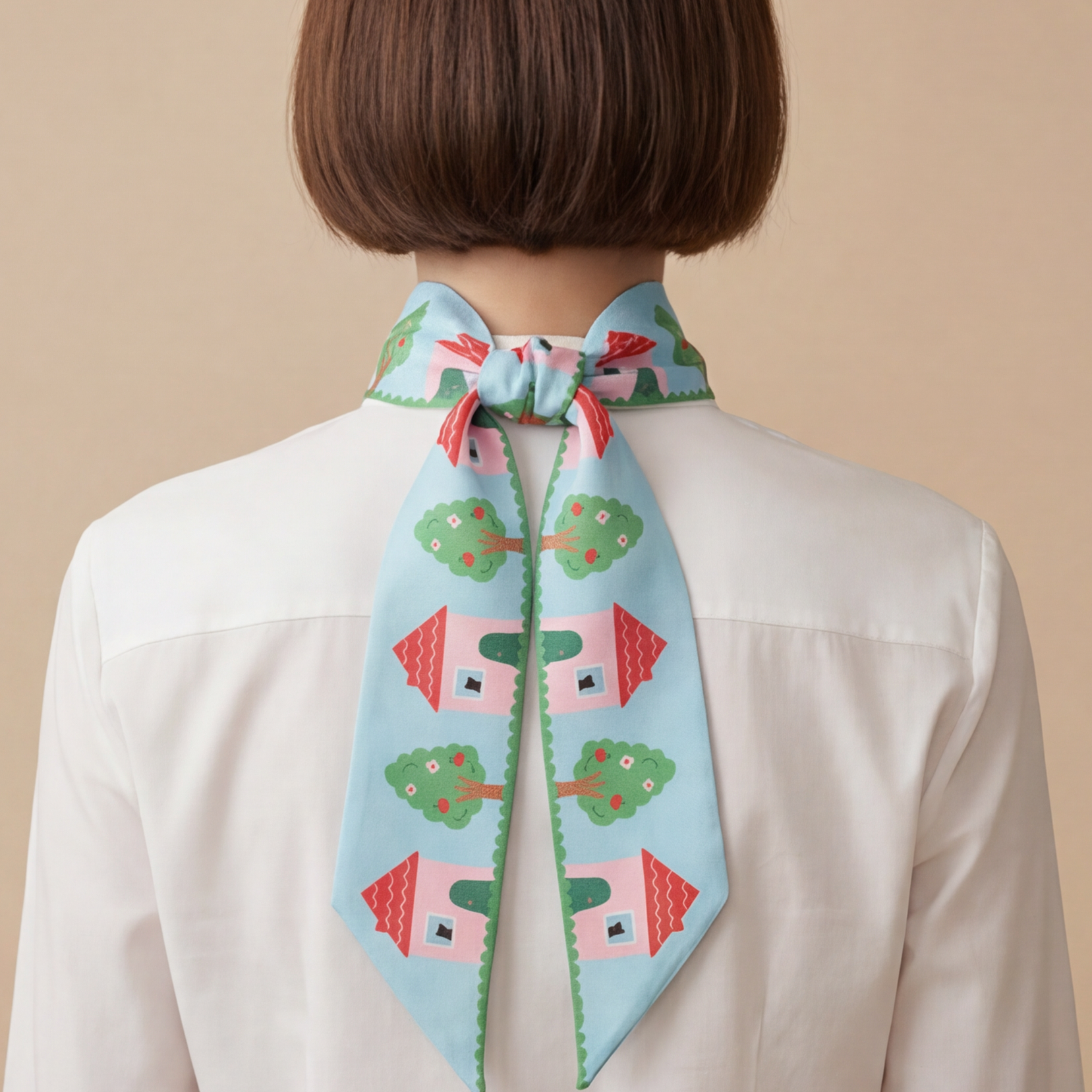 Person wearing a colorful house with treess apples twilly silk scarf on a beige background