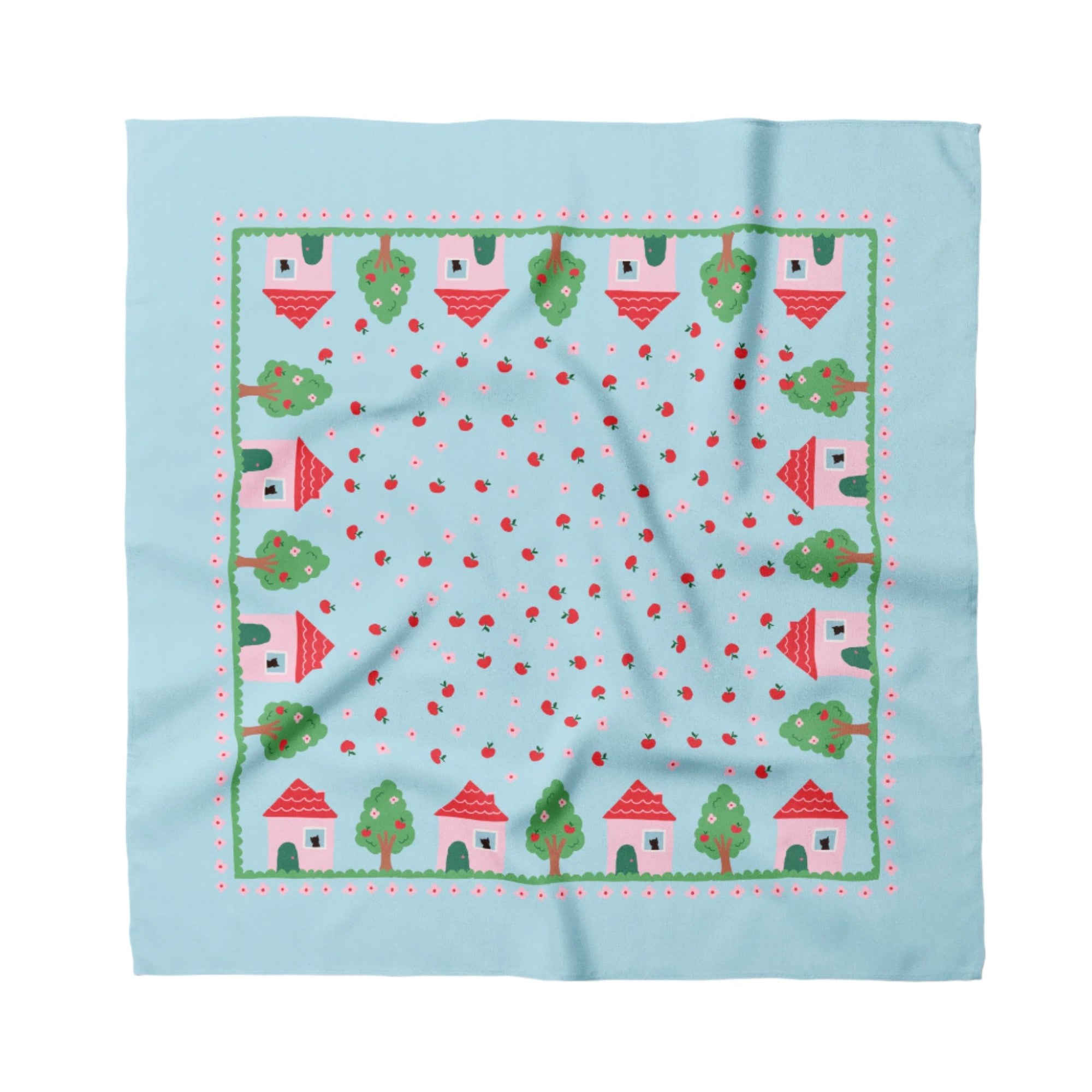 house and trees centinelle bandana, with green and red and pink flowers with apples and a cat in the window in blue with white background