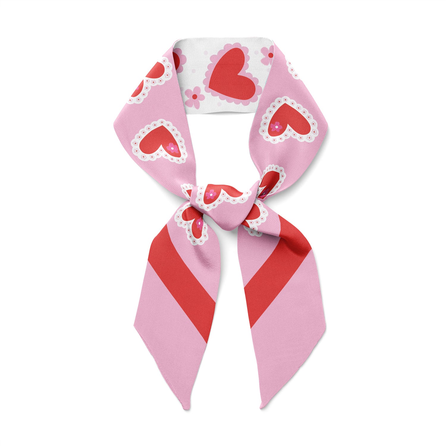 Be my valentine and style this Laced Hearts Pink and red ribbon twilly silk scarf