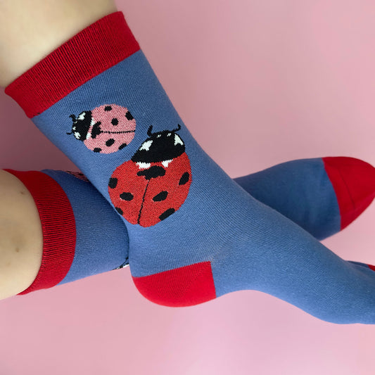 Ladybug socks pesticide free garden, with metallic shinny yarn.