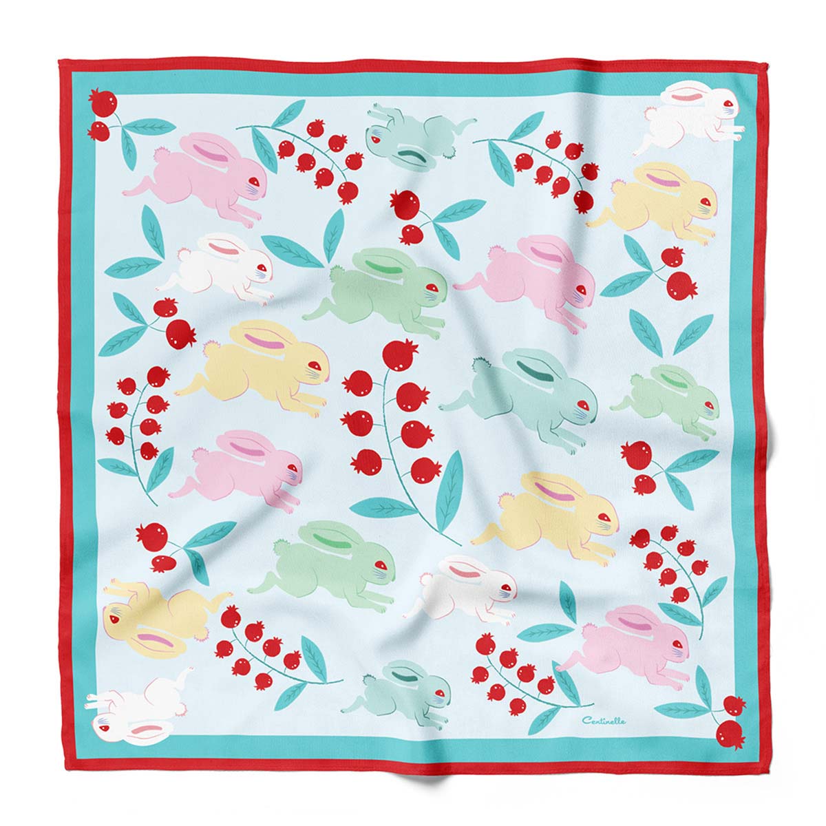 Pink, yellow and green bunnies on a cotton silk blend bandana.