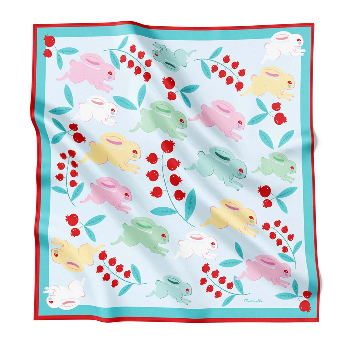 Light blue silk scarf with bunnies and lingonberry.
