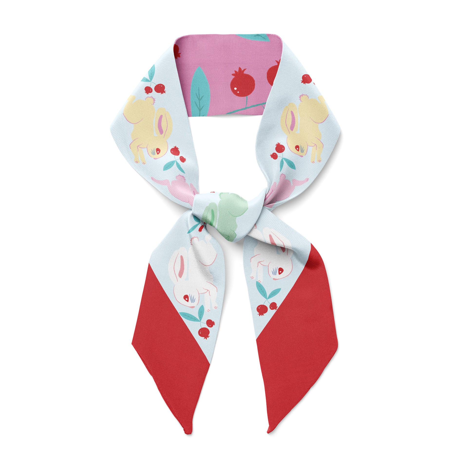 Blue and red silk twill scarf with bunnies.
