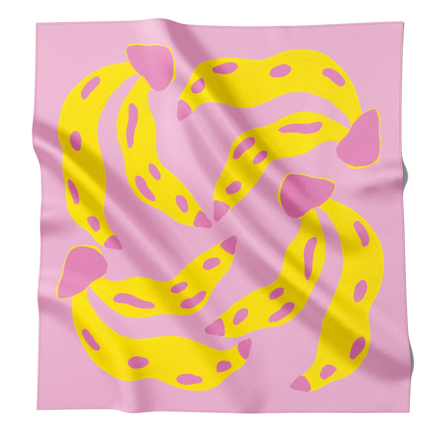  A cotton silk blend pink bandana with yellow bananas. 