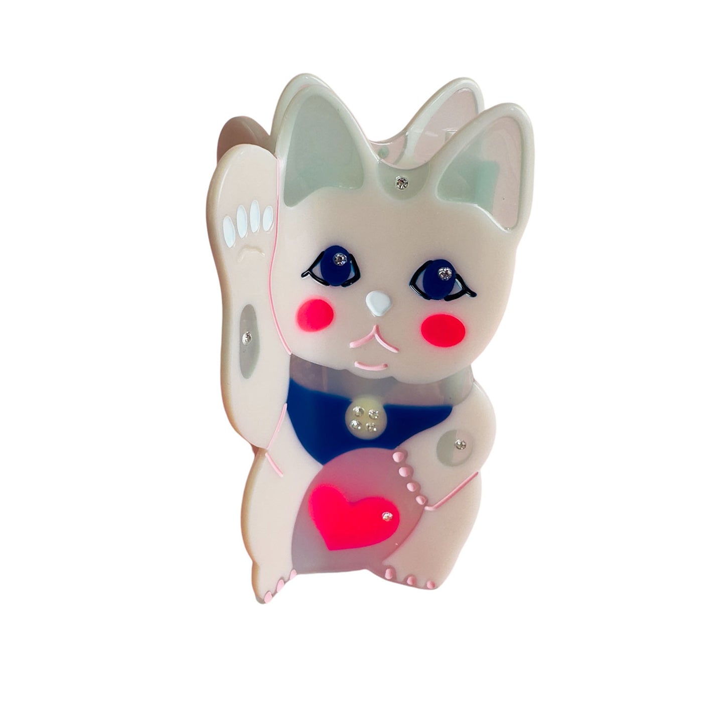 A maneki-neko white cat hair claw with a pink heart on a pink background.