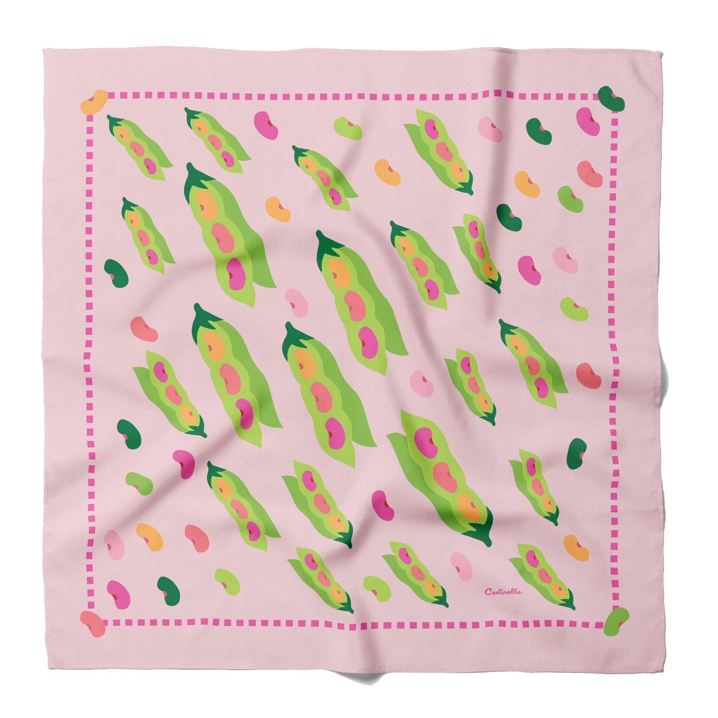 Color edamame beans on pink cotton silk blend centinelle bandana.