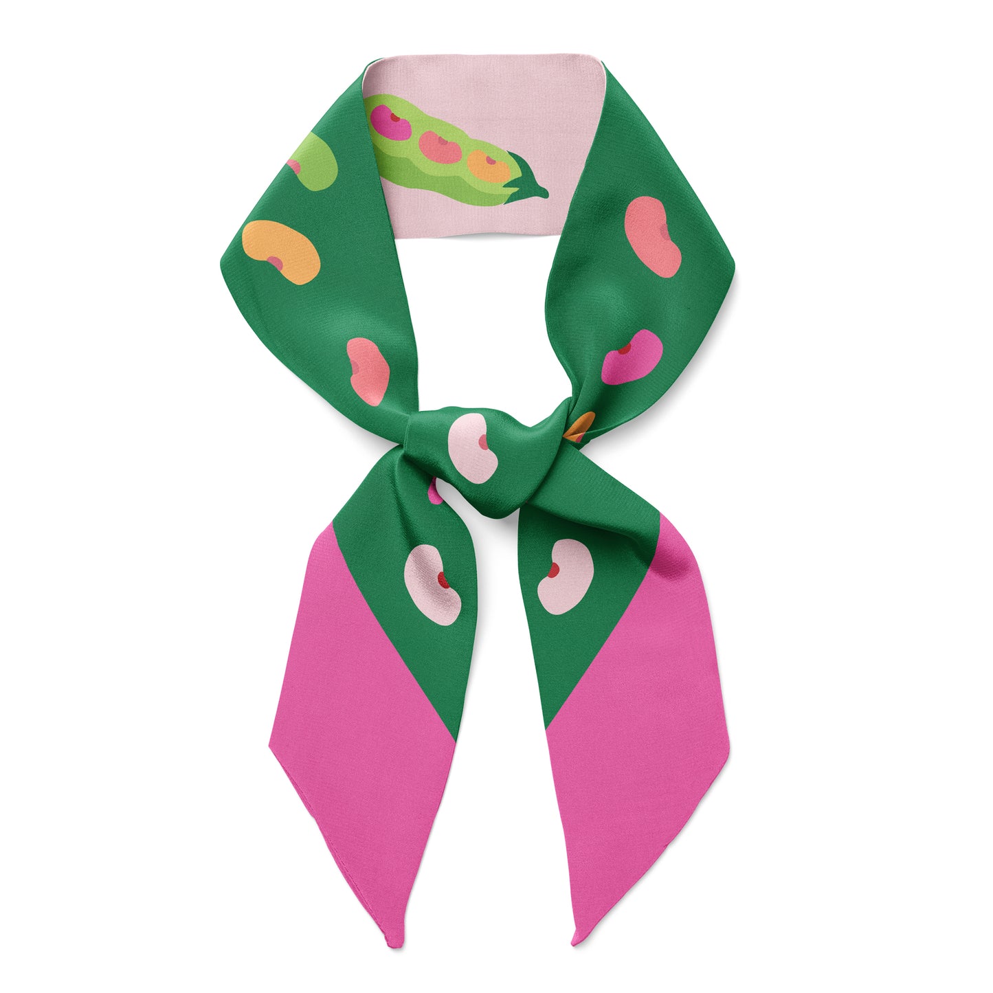 Pink and greens silk twill scarf with edamame. 