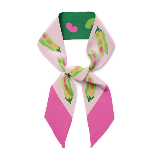 Pink and green twill silk scarf with edamame beans. 