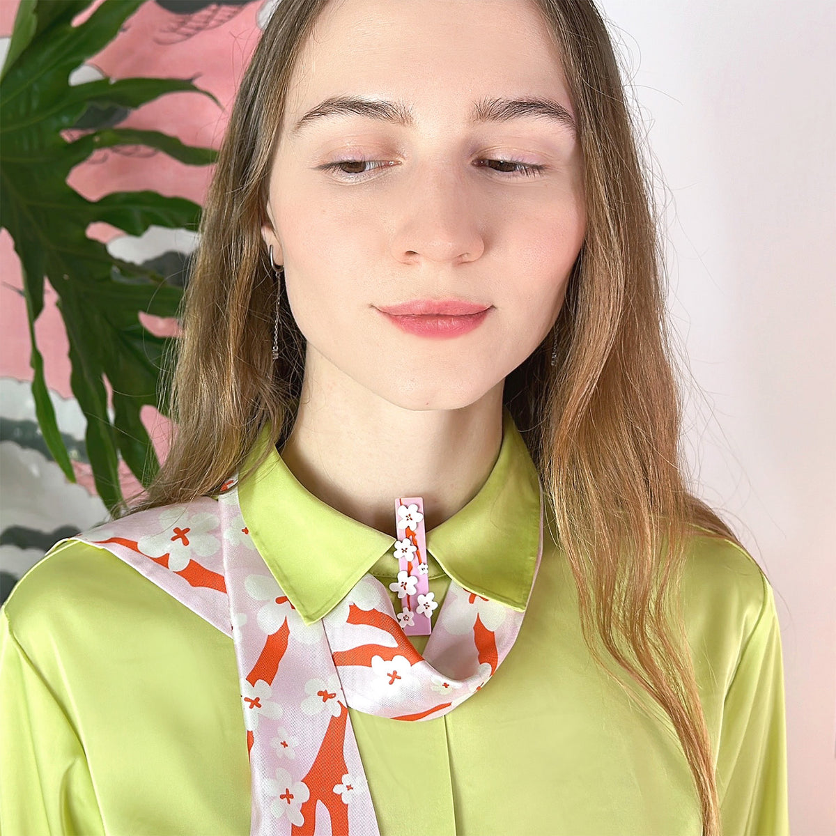 Cherry blossoms and green tea Sakura Matcha twilly bow ribbon silk scarf double sided accessory