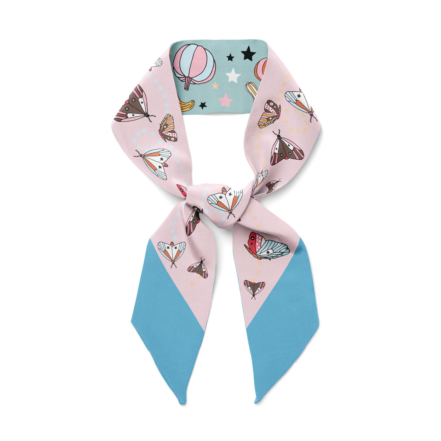 Our Best seller Moths and Squashes cotton silk ribbon twilly silk scarf on blue and pink is back