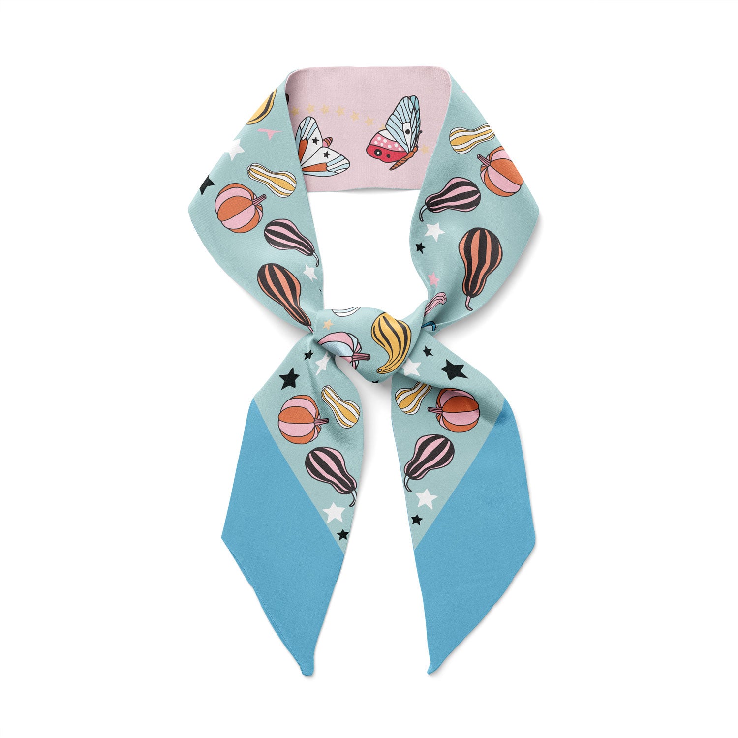 Our Best seller Moths and Squashes cotton silk ribbon twilly silk scarf on blue and pink is back