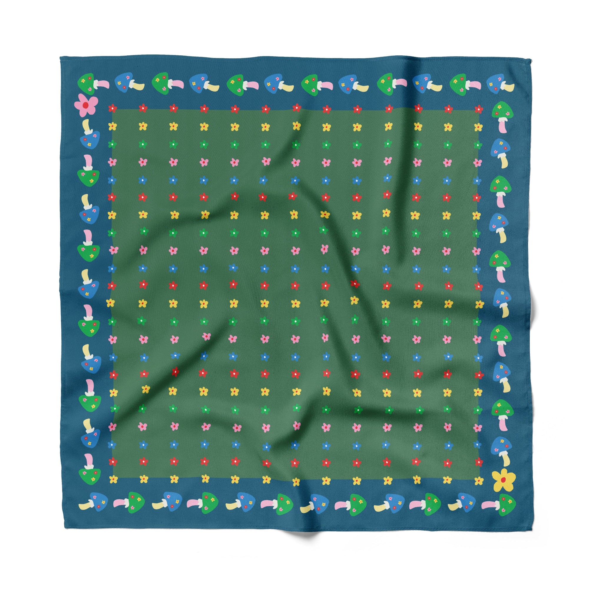 mushrooms cotton silk bandana from centinelle, blue and green with florals on a white background