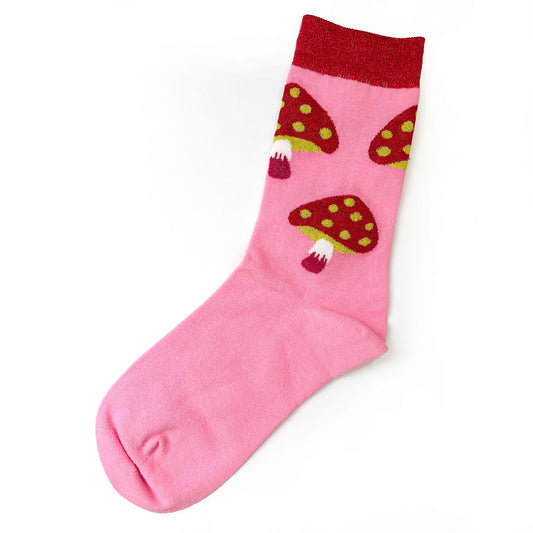 Red and pink sock with mushrooms.
