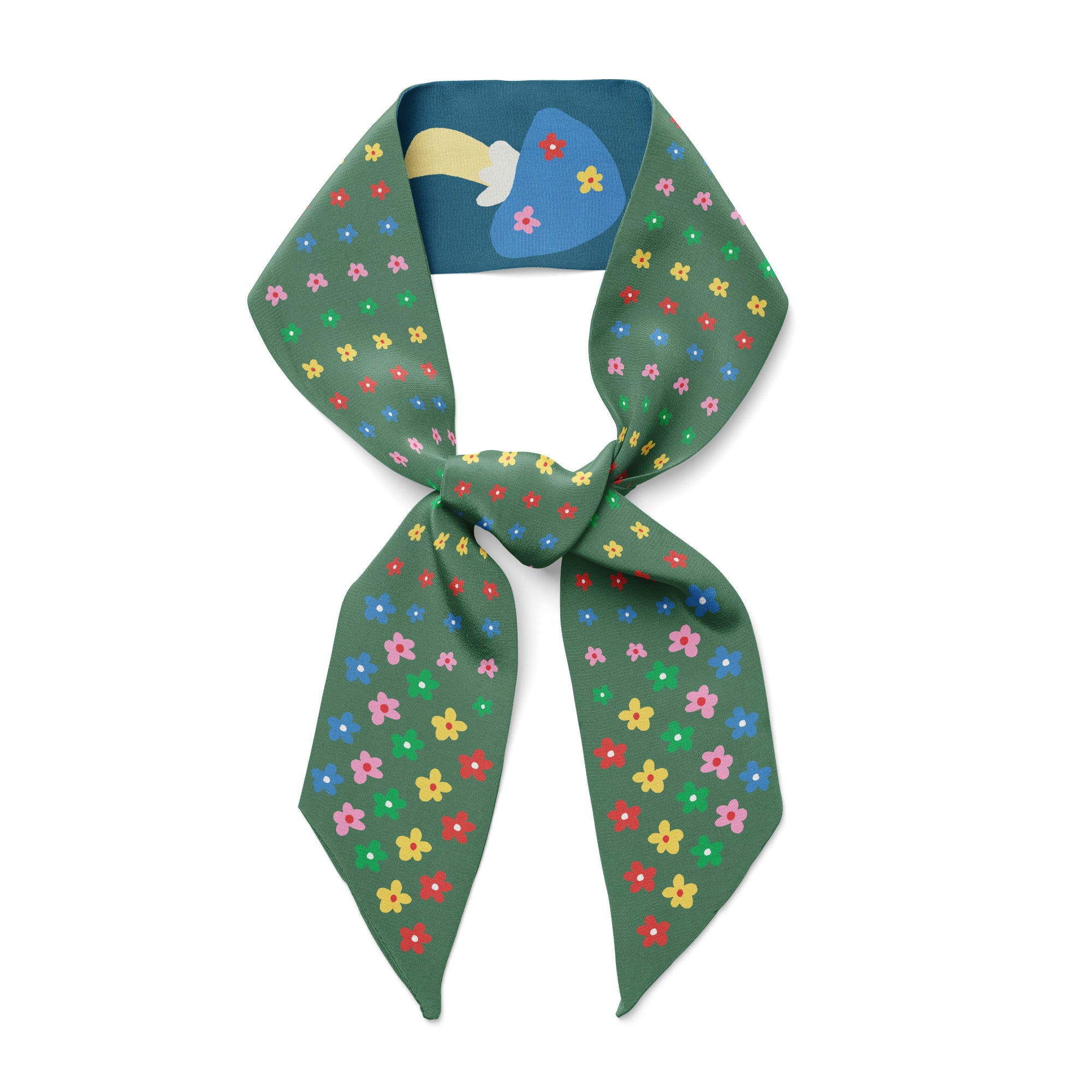 Colorful twilly silk scarf floral stripes with mushrooms, green and blue  on a white background