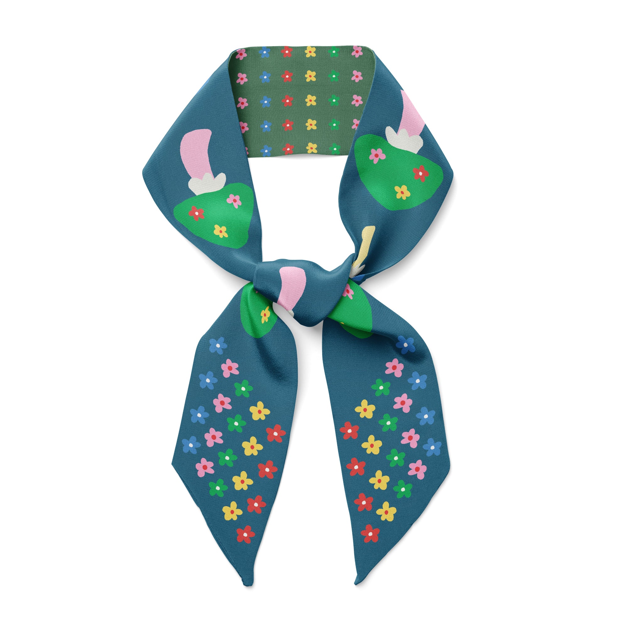 Colorful twilly silk scarf floral stripes with mushrooms, green and blue  on a white background