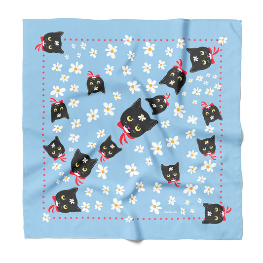 Blue silk bandana with black cats, white daisies and red polka dots.