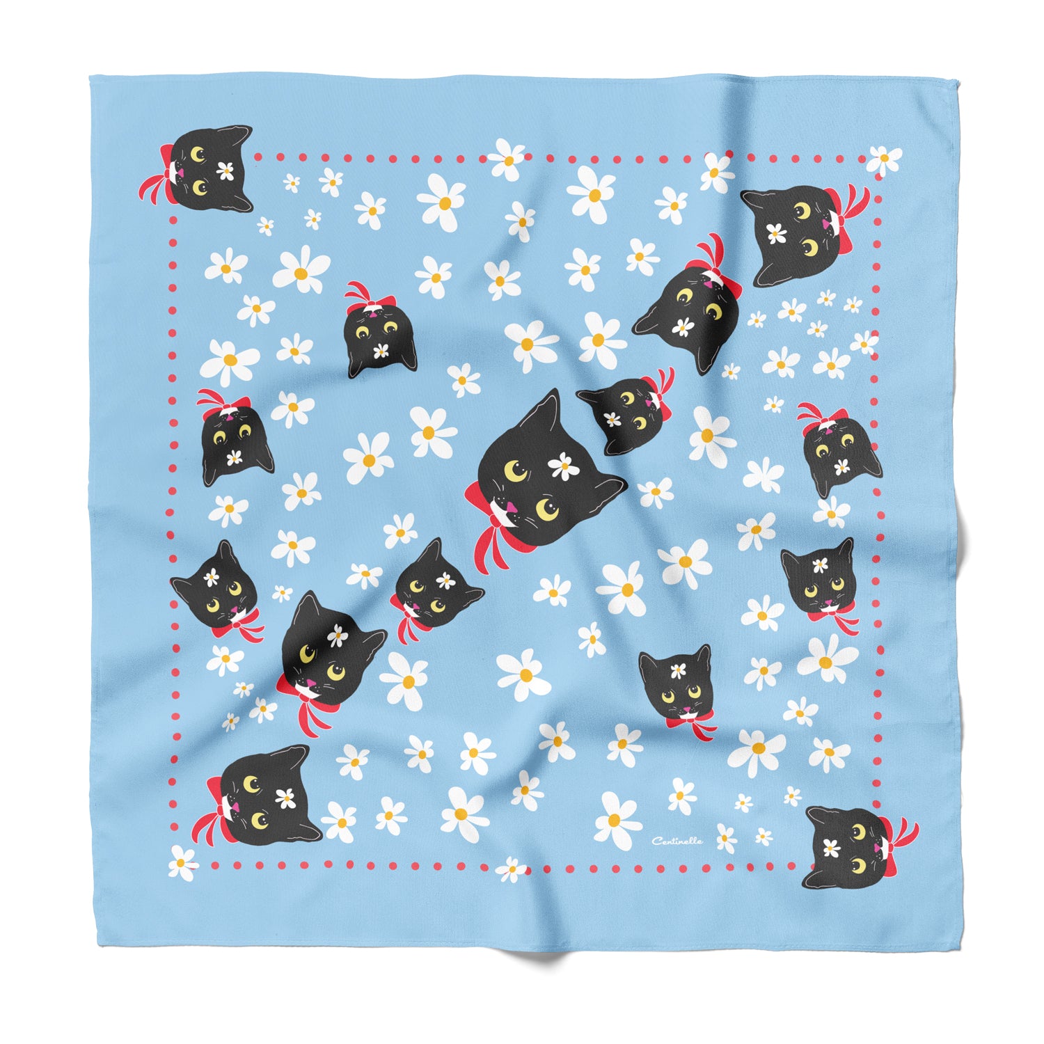 Blue cotton silk blend bandana with black cats, white flowers and red polka dots.