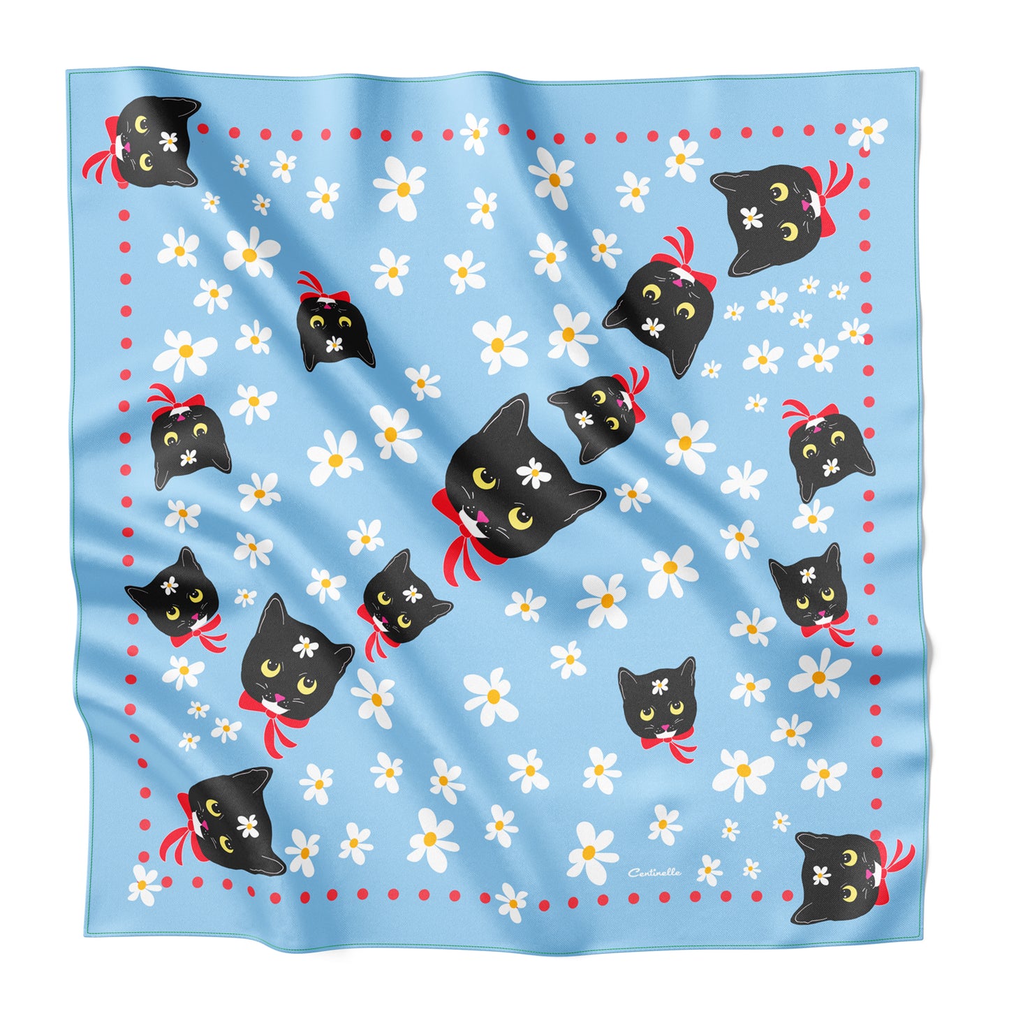Blue silk bandana with black cats and white daisies. 
